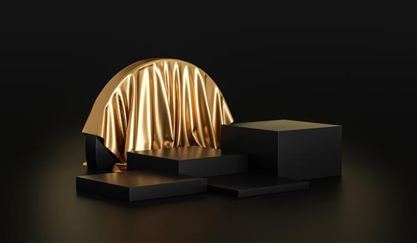 پایه پس‌زمینه محصول طلایی یا پایه سکو روی نمایشگر تبلیغاتی لوکس با پس‌زمینه خالی رندر سه بعدی