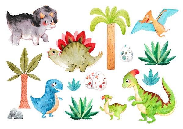 دایناسورهای آبرنگ زیبا تصویرسازی آبرنگ این تصویر برای تزیین دیوارهای اتاق کودکان و همچنین برای کارت پستال و استیکرهای خنده دار مناسب است