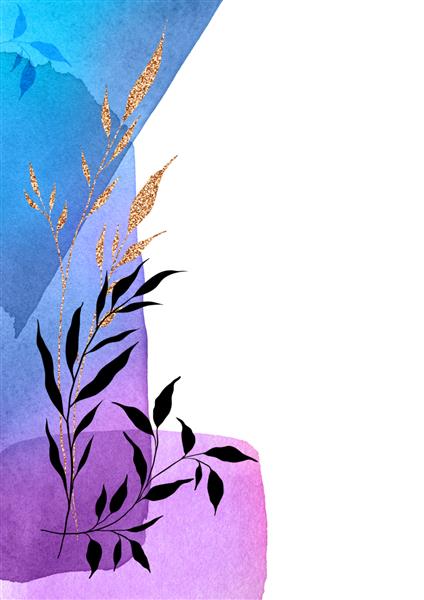 سیاه گیاهان طلایی برگ ها شاخه ها روی اشکال آبرنگ پوستر هنر سیال انتزاعی تصویر آبرنگ آبی بنفش صورتی در پس زمینه سفید چاپ هنر دیوار طبیعت مدرن