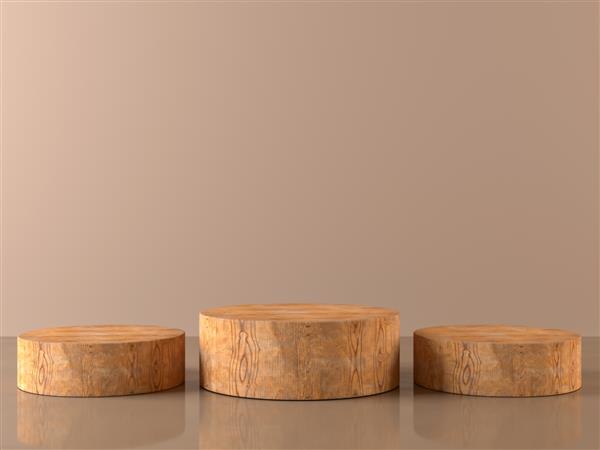 پایه چوبی برای نمایش پایه چوبی لوکس سکوی چوبی گرد خالی ویترین صحنه مفهومی رندر سه بعدی