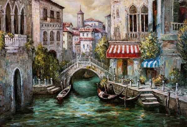 نقاشی رنگ روغن از معماری ونیزی و کانال آب در ونیز ایتالیا