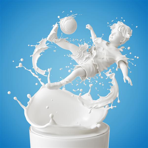 پاشیدن شیر به شکل بدن پسر در حال بازی فوتبال روی شیشه شیر بازیکن فوتبال پسر پاشیدن شیر با مسیر بریدن تصویرسازی سه بعدی