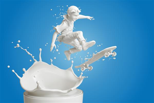 پاشیدن شیر به شکل بدن پسر در حال بازی اسکیت برد روی شیشه شیر بازیکن جوان اسکیت باز پاشیدن شیر با مسیر برش تصویرسازی سه بعدی