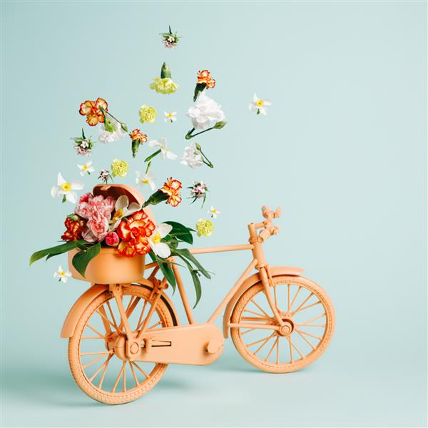 دوچرخه نارنجی یکپارچهسازی با سیستمعامل با گلهایی که از سبد خارج میشوند در پس زمینه سبز پاستلی مفهوم خلاقانه تحویل گل بنر گل فروشی یا شکوفه بهاری با فضای کپی کارت عاشقانه طبیعی