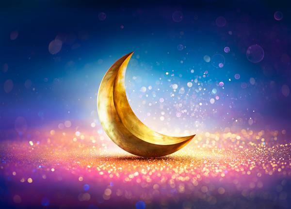 رمضان کریم - ماه روی درخشش براق با نورهای غیر متمرکز انتزاعی