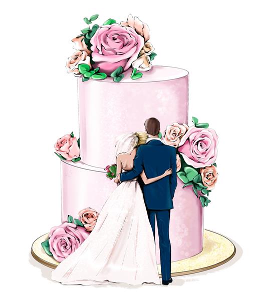 زوج عروسی که نزدیک کیک عروسی با گل ایستاده اند مفهوم عروسی شیک