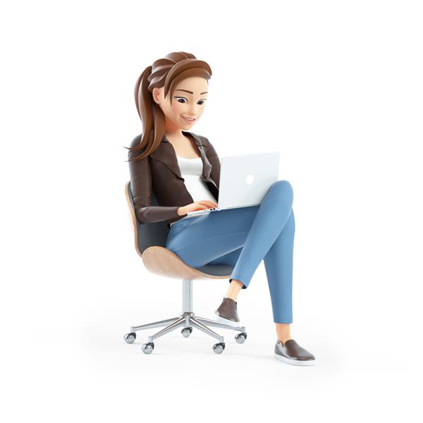 زن کارتونی سه بعدی با لپ تاپ روی صندلی نشسته تصویر جدا شده در پس زمینه سفید