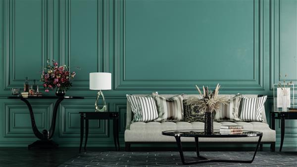طراحی داخلی مدرن برای خانه دفتر جزئیات داخلی مبلمان روکش شده در پس زمینه یک دیوار کلاسیک سبز تیره