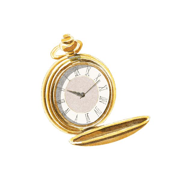 ساعت جیبی طلایی پرنعمت آبرنگی جدا شده در پس زمینه سفید طرح تصویری با آبرنگ