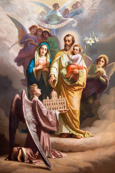 رم ایتالیا - 31 آگوست 2021 نقاشی سنت جوزف و خانواده مقدس کلیسای Chiesa del Sacro Cuore di Gesu احتمالاً توسط جوزپه رولینی 1832