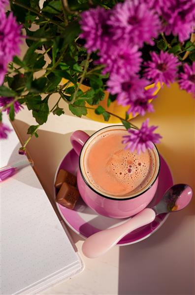 نوت بوک شکلاتی فنجان قهوه گل های داوودی پاییزی صورتی زیبا در گلدان زرد روی پنجره حال و هوای خانه دنج حال و هوای پاییز فضاهای شهری گیاهان نوشیدن کاکائو داغ در هوای سرد مفهوم صبح بخیر