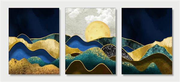 هنر بوم قاب دیواری 3 تکه کوه های رنگارنگ آبی فیروزه ای طلایی و قهوه ای و خورشید طلایی در پس زمینه منظره سه بعدی