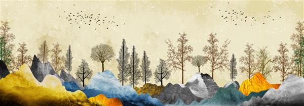 درختان قهوه ای با گل های طلایی و کوه های فیروزه ای سیاه و خاکستری در زمینه زرد روشن با ابرهای سفید و پرندگان تصویر زمینه سه بعدی هنر منظره