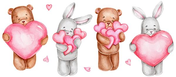 ست با خرگوش و خرس عروسکی و قلب صورتی تصویر کشیدن دستی آبرنگ با زمینه سفید جدا شده