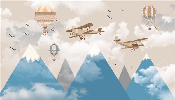 عکس کودکانه با کوه هواپیما و بادکنک برای کاغذ دیواری چاپ دیجیتال کاغذ دیواری طرح سفارشی