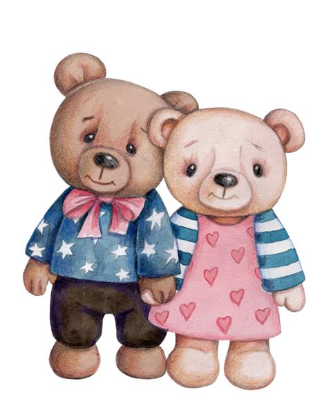 حیوانات اسباب بازی کارتونی ناز - دو خرس عروسکی تصویر نقاشی شده با آبرنگ برای کودکان جدا شده روی پس زمینه سفید ایده آل برای هر طراحی چاپ تصویر کتاب کارت