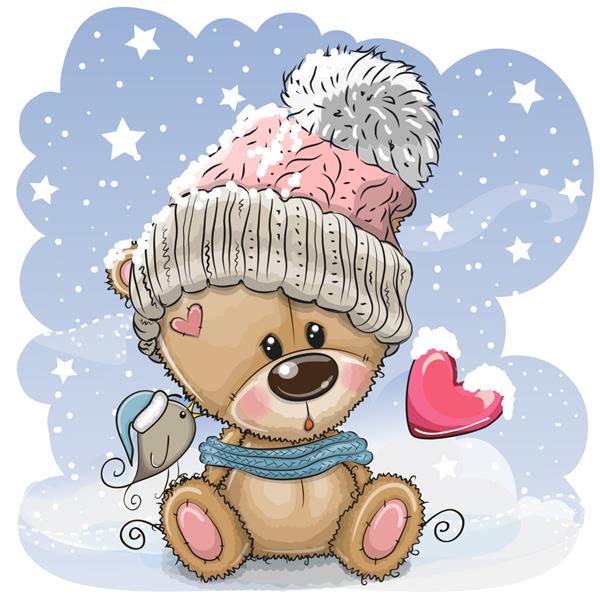 خرس عروسکی کارتونی زیبا با کلاه بافتنی روی برف نشسته است