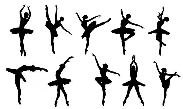 شبح بالرین بر پس زمینه استودیو سفید ست دختر کلاسیک رقصنده باله در دامن توتو زن منزوی رقصنده ژست های سیاه شکل در حالت های مختلف