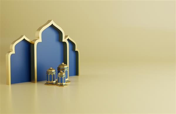 پس زمینه تبریک ماه مبارک رمضان با ستاره زینتی سه بعدی مسجد و فانوس های عربی