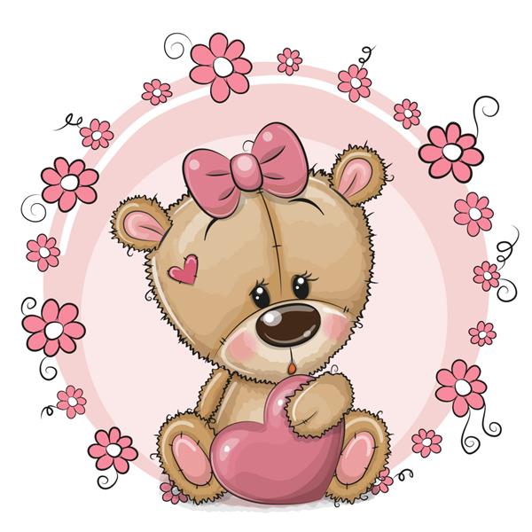 کارت تبریک کارتونی زیبا دختر خرس عروسکی با قلب و گل