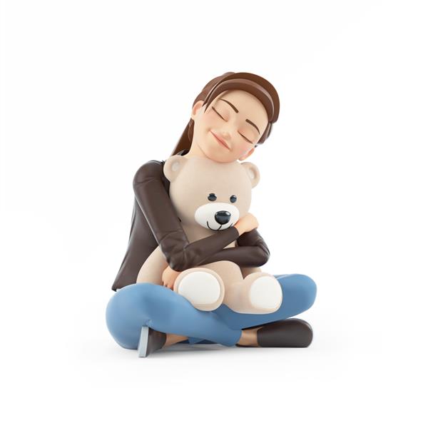 زن کارتونی سه بعدی که روی زمین نشسته و خرس عروسکی را در آغوش گرفته است تصویر جدا شده در پس زمینه سفید