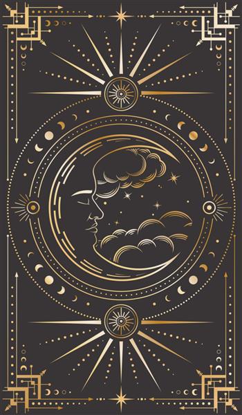 هلال عرفانی با چهره خفته ابرها و ستارگان در زمینه سیاه روکش کارت تاروت با یک ماه طلایی و قاب تزئین شده به سبک یکپارچهسازی با سیستمعامل تصویر تاریک به صورت حکاکی تلطیف شده است