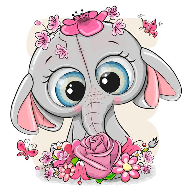 فیل کارتونی زیبا با گل در پس زمینه سفید