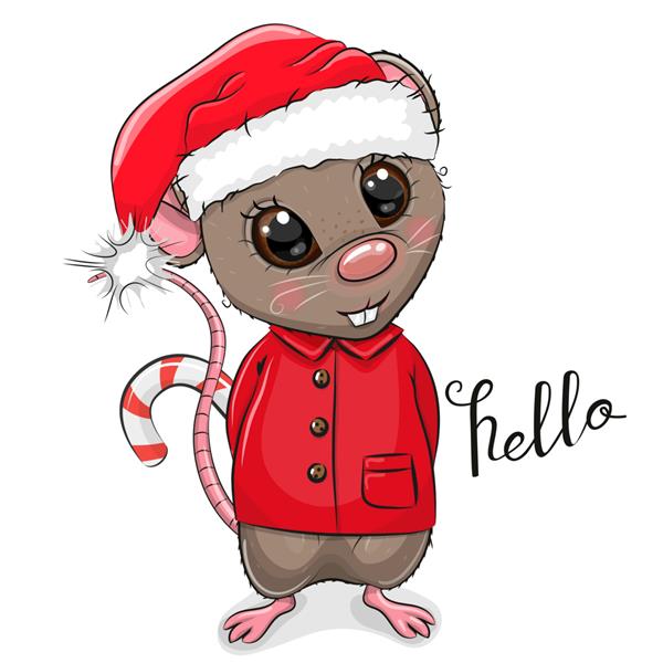 موش کارتونی ناز با کلاه بابانوئل در زمینه سفید