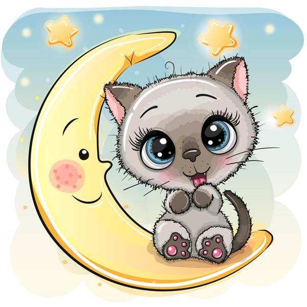 بچه گربه کارتونی ناز روی ماه نشسته است