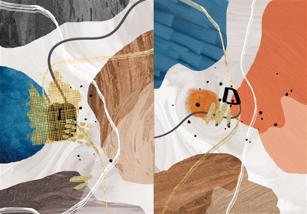 دیپتیک مدرن انتزاعی تخت در رنگ های آرامش بخش - لکه ها خطوط سکته مغزی