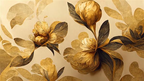پس زمینه گل طلایی 4K طرح گل قدیمی انتزاعی هنر دیواری طبیعت طلا رندر سه بعدی تصویر سه بعدی
