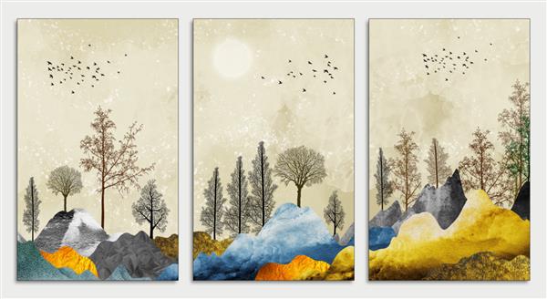 تصویر زمینه سه بعدی هنر منظره درختان قهوه ای با گل های طلایی و کوه های فیروزه ای سیاه و خاکستری در زمینه زرد روشن با ابرهای سفید و پرندگان