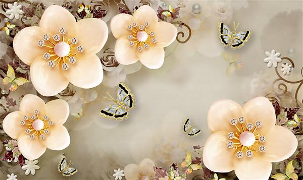 کاغذ دیواری سه بعدی طرح زیبای گل و پروانه برای دکوراسیون داخلی منزل