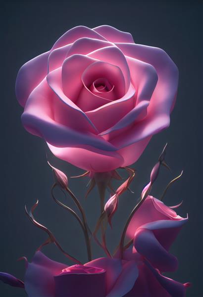 گل رز صورتی زیبا بازتاب نور پس زمینه تیره تصویر سه بعدی زیبا از گل رز نمای نزدیک
