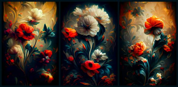دسته گل مجلل از گل های قرمز و سفید مجموعه ای از سه تصویر در زمینه تیره رندر سه بعدی