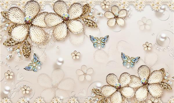 گل جواهرات سه بعدی الماس با پروانه در طرح پس زمینه انتزاعی