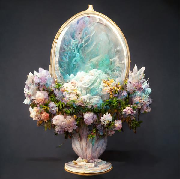 یک دسته گل پاستلی در یک گلدان چینی سفید در مقابل یک نقاشی فانتزی آینه ای زیبا به سبک هنری ایستاده است طراحی هنری دیجیتال سه بعدی