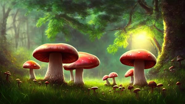 قارچ های بزرگ افسانه ای در یک جنگل جادویی قارچ فانتزی تصویر برای جلد کتاب چشم انداز شگفت انگیز طبیعت تصویر سه بعدی