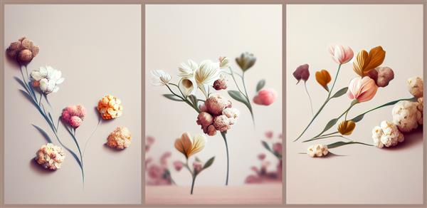 گل هایی در رنگ های پاستلی در زمینه بژ مجموعه نقاشی برای طراحی داخلی پوستر ارائه رندر سه بعدی