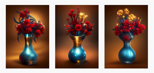 رندر سه بعدی گلدان های فیروزه ای و طلایی با گل های قرمز و زمینه قهوه ای تیره هنر دیجیتال برای دکور دیوار