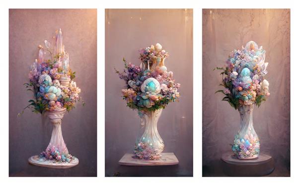 یک دسته گل پاستلی در یک گلدان چینی سفید با نقاشی به سبک هنری طراحی هنری دیجیتال سه بعدی