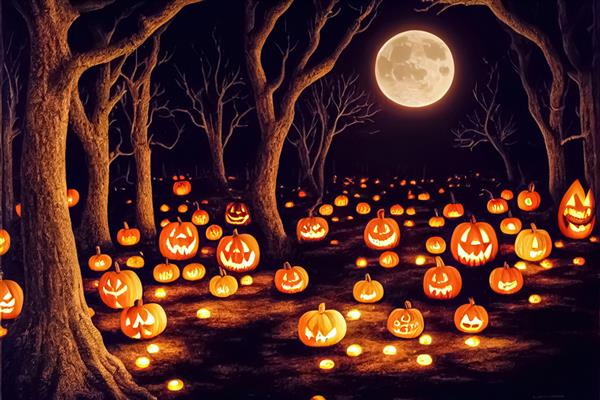 جنگل شب اسرارآمیز شب هالووین با کدو تنبل های درخشان جک او لنترن پس زمینه طراحی مفهومی هالووین کابوس ترسناک و وحشتناک تصویرسازی سه بعدی
