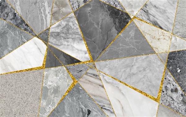 کاغذ دیواری انتزاعی سه بعدی به اشکال مثلث هندسی طلایی خطوط سنگ مرمر سیاه و خاکستری دکوراسیون مدرن دیوار خانه