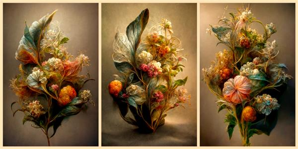 مجموعه ای از سه ترکیب هنری دسته گل های خشک رندر سه بعدی