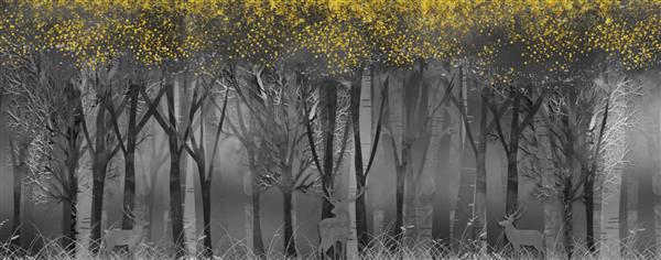 کاغذ دیواری سه بعدی دیواری مدرن درختان و آهوها و نقطه های طلایی سیاه و خاکستری هنر مجلل انتزاعی نقاشی دیجیتال منظره جنگلی
