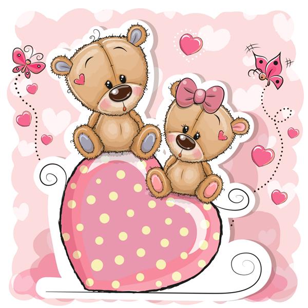 دو خرس کارتونی روی قلب روی پس‌زمینه صورتی نشسته‌اند