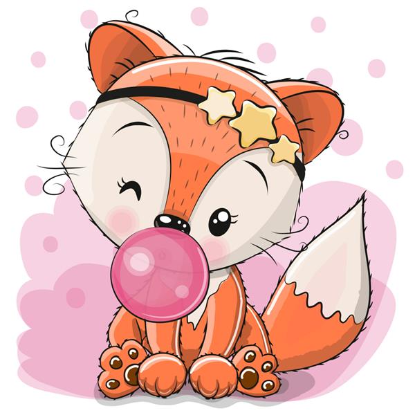 روباه کارتونی ناز با آدامس حباب دار در پس زمینه صورتی