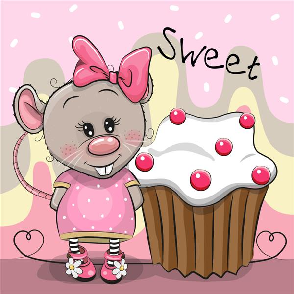 کارت تبریک موش کارتونی ناز با کیک