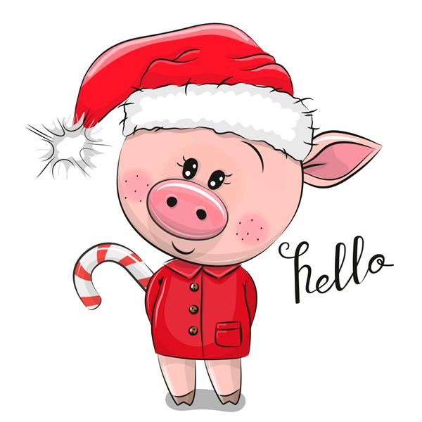 خوک کارتونی ناز با کلاه بابانوئل در زمینه سفید