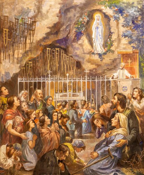 باری ایتالیا - 3 مارس 2022 نقاشی دیواری از دعا و معجزات در لورد در کلیسای Chiesa di San Giuseppe توسط Umberto Colonna فرم 20 cent